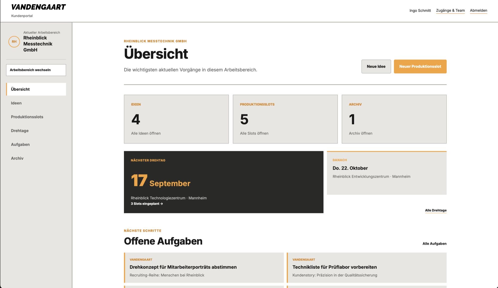 Vergrößerte Übersicht des VANDENGAART Redaktions- und Produktionsportals